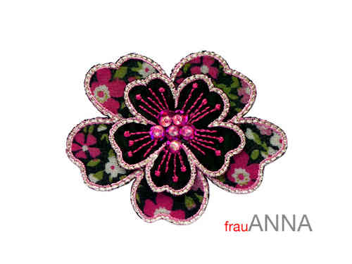 Applikation "Blüte mit Perlen" schwarz-pink-silber